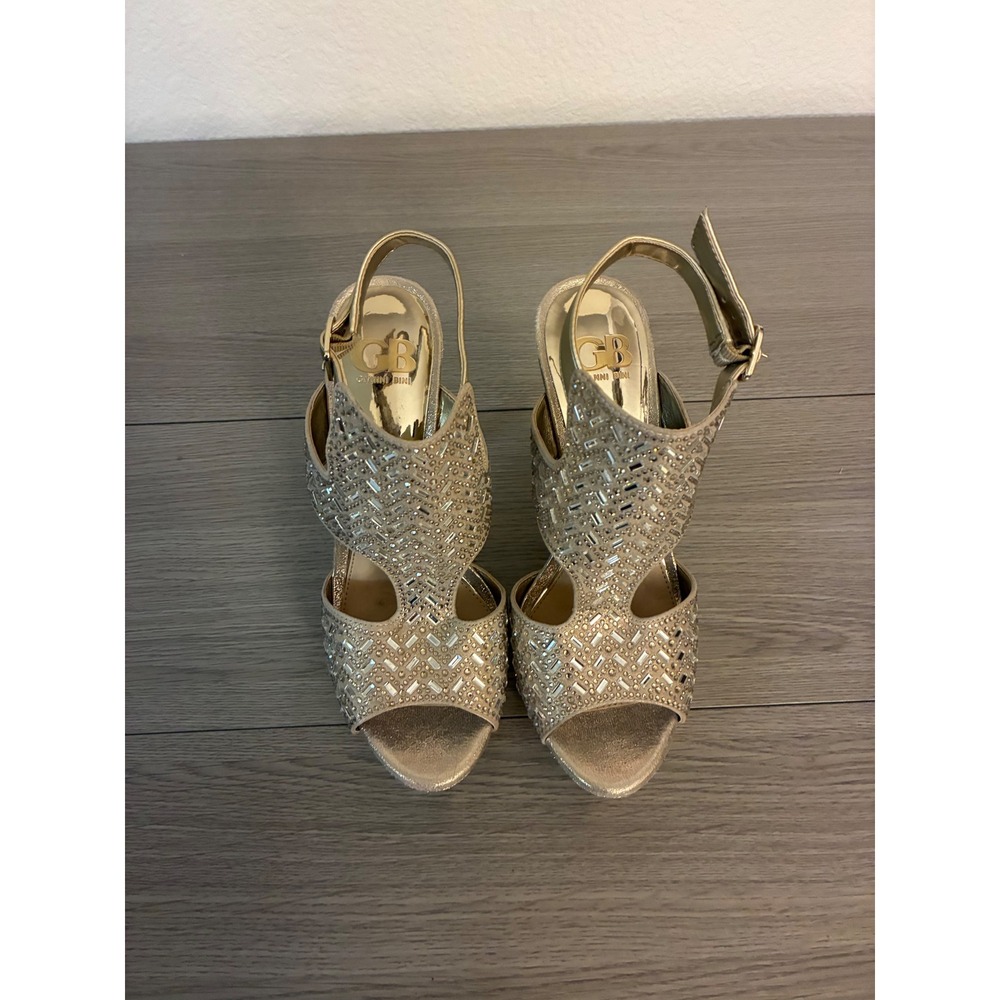 Gianni Bini Gold Rhinestone Glitter Platform Heels Peep Toe Sandals Womens 8M